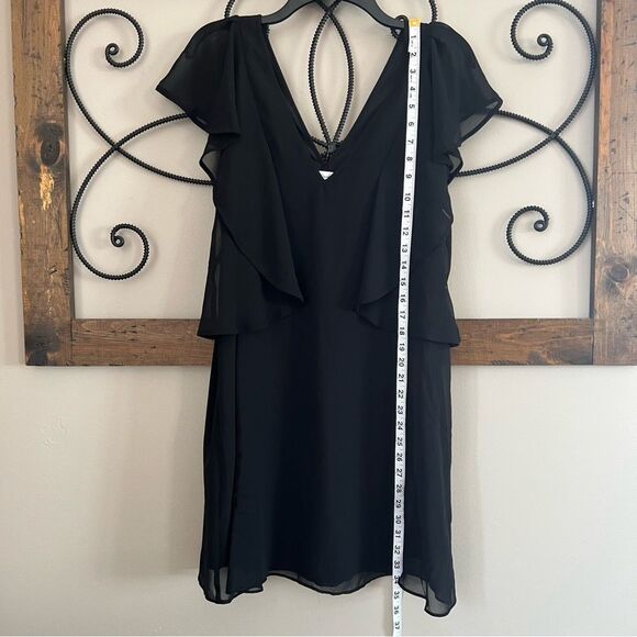 BCBGeneration V Neck Plunge Flutter Sleeve Waterfall Ruffle Mini Black Dress - Picture 10 of 12